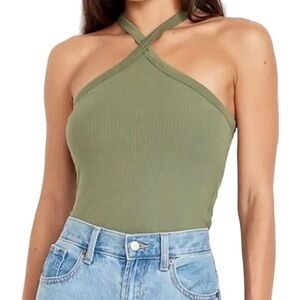 Old Navy Olive Green Ribbed Halter Tank Top with Shelf Bra Size Medium 3 Pack